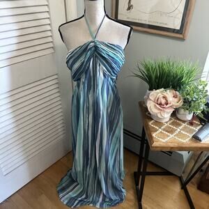 LC LAUREN CONRAD Dress Womens 16 Blue Maxi Halter Abstract Striped Fairy Party